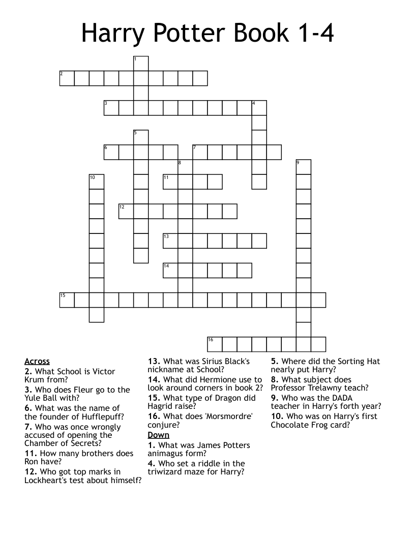Harry Potter Book 1-4  Crossword