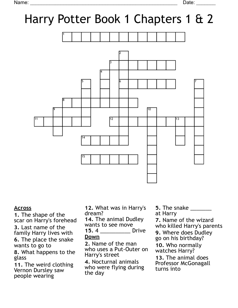 Harry Potter Book 1 Chapters 1 & 2 Crossword