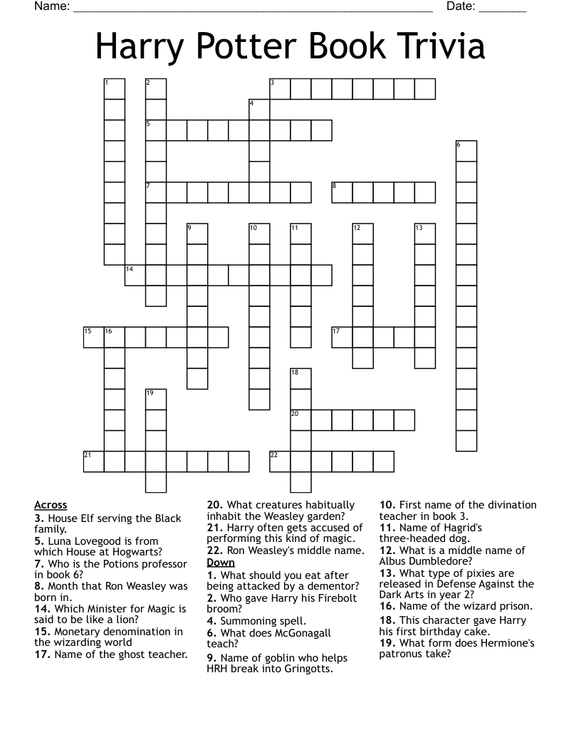 Harry Potter Book Trivia Crossword
