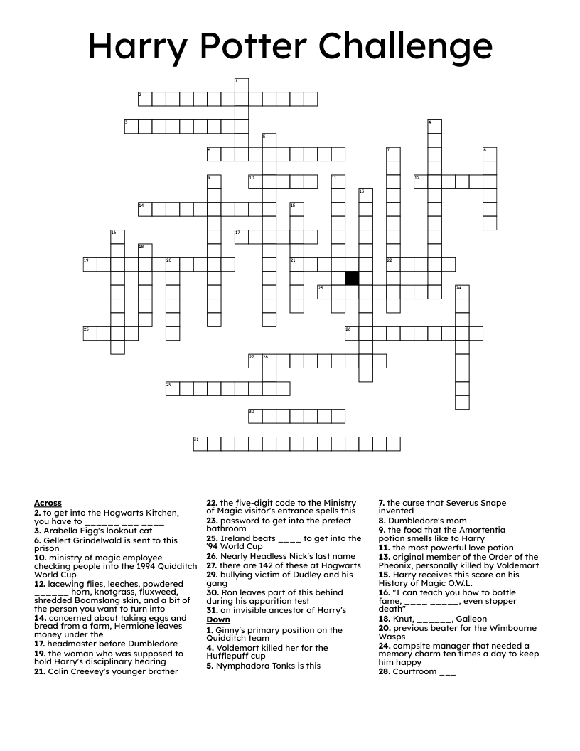 Harry Potter Challenge Crossword