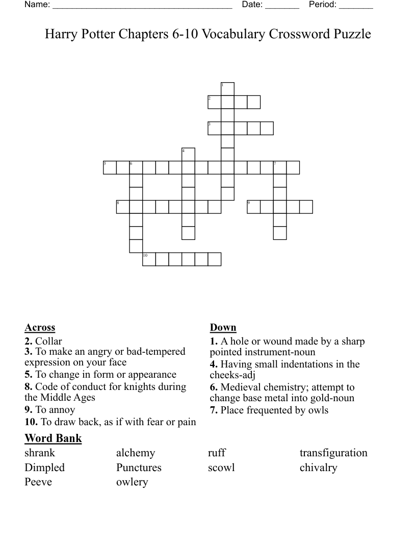Harry Potter Chapters 6-10 Vocabulary Crossword Puzzle 