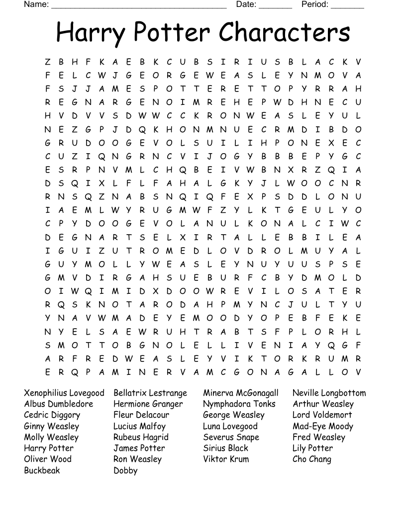 Harry Potter Characters Word Search