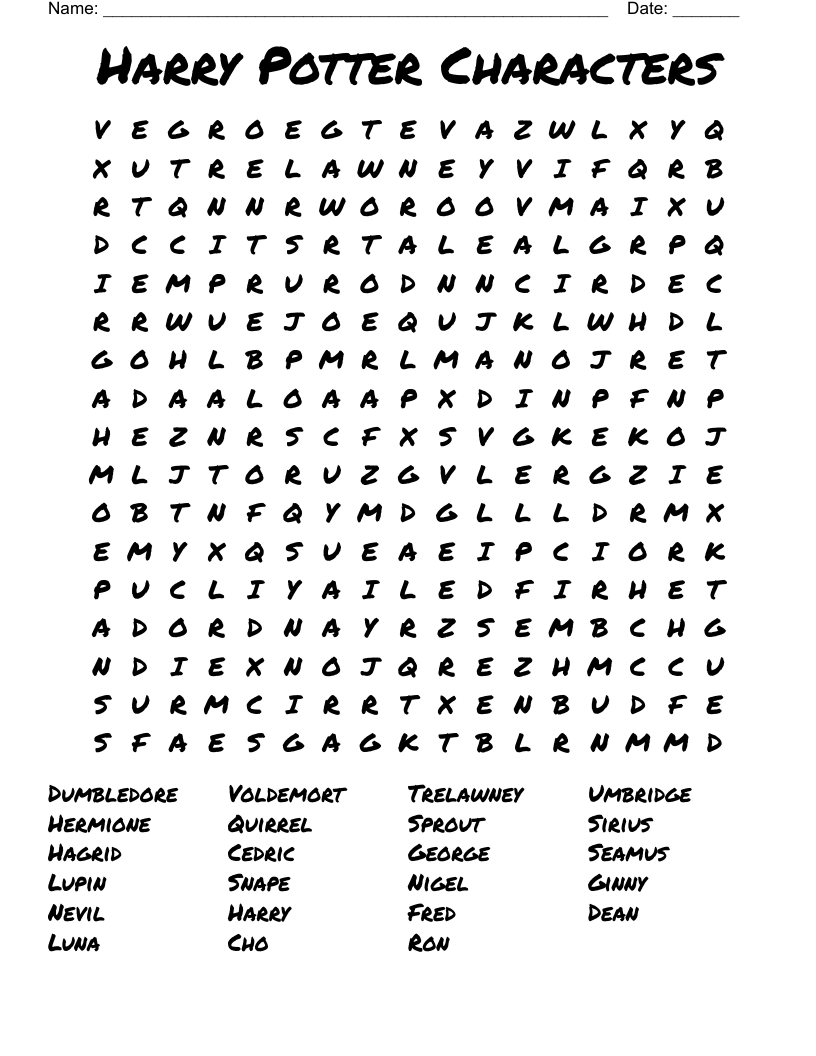 Harry Potter Characters Word Search