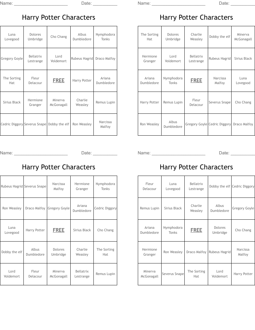 Harry Potter Characters Bingo Cards