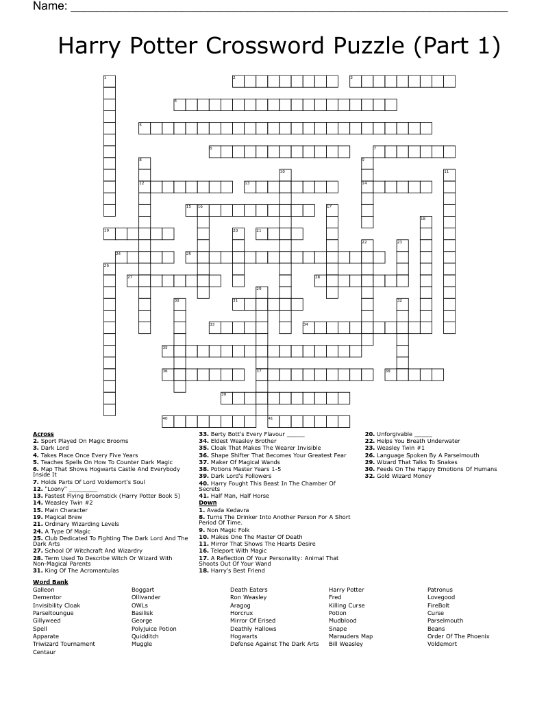 Harry Potter Crossword Puzzle (Part 1)