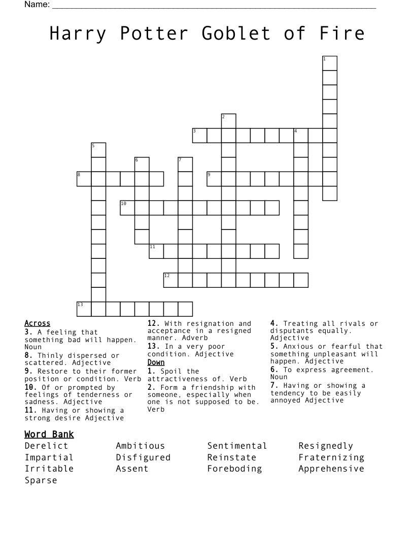 Harry Potter Goblet of Fire  Crossword