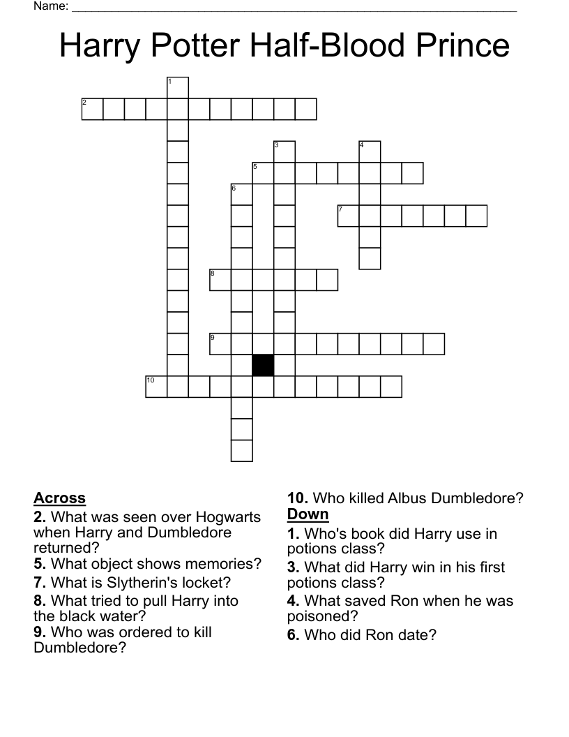 Harry Potter Half-Blood Prince Crossword