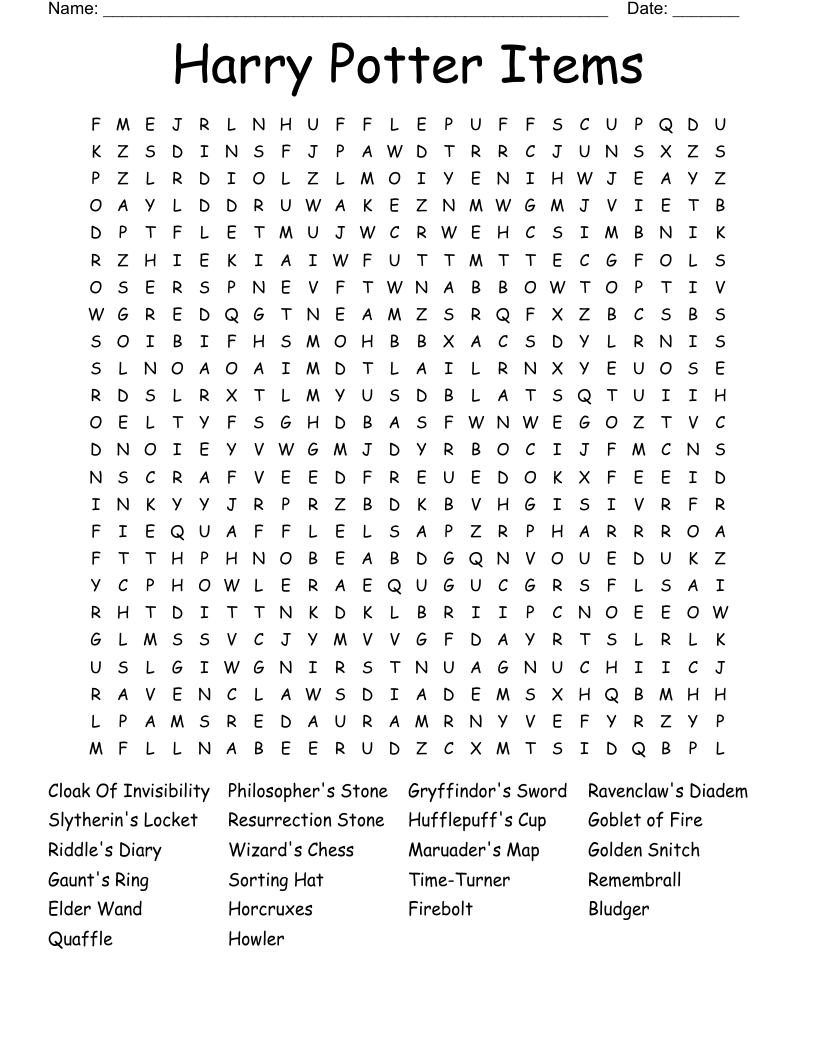 Harry Potter Items Word Search