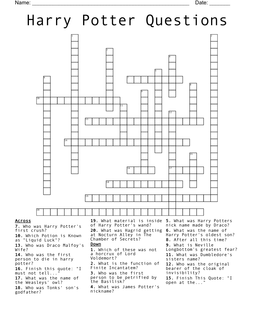 Harry Potter Questions Crossword