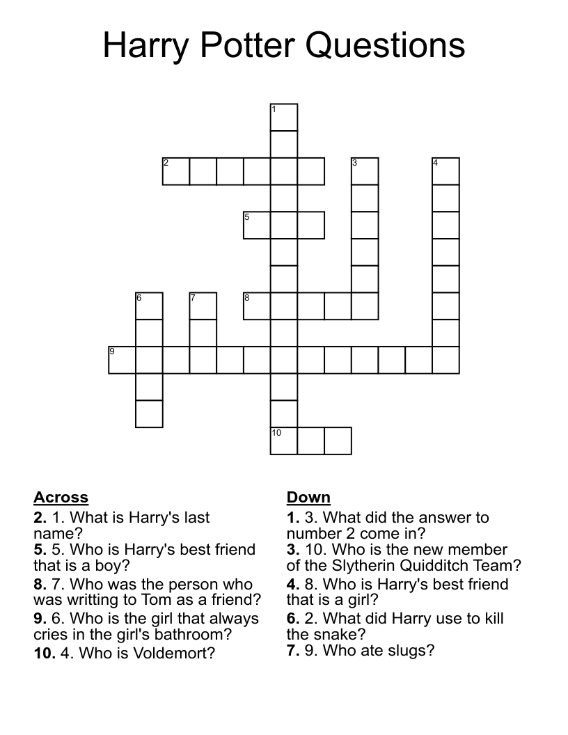 Harry Potter Questions Crossword