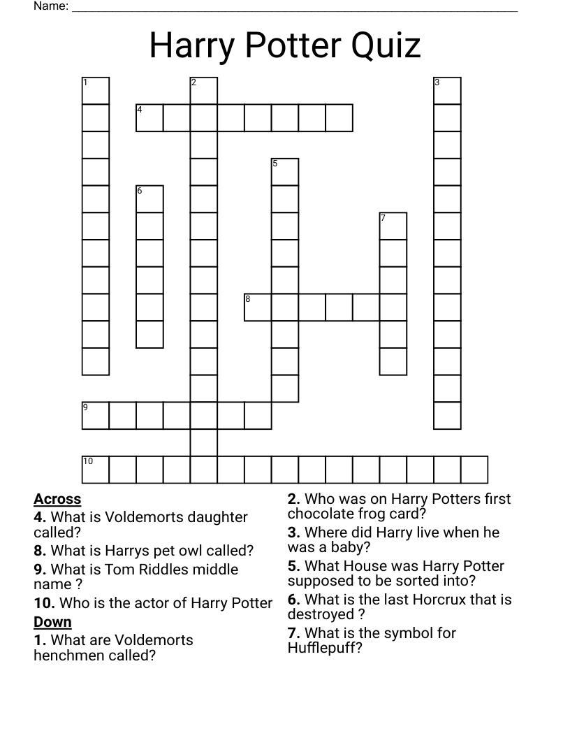 Harry Potter Quiz Crossword