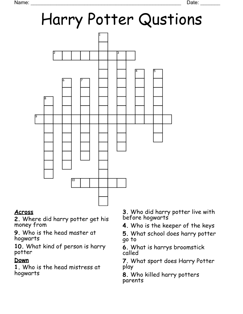 Harry Potter Qustions Crossword
