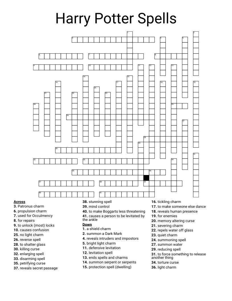 Harry Potter Spells Crossword