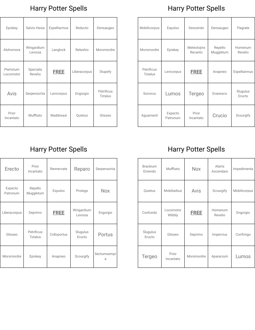 Harry Potter Spells Bingo Cards
