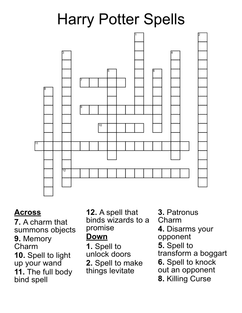 Harry Potter Spells Crossword