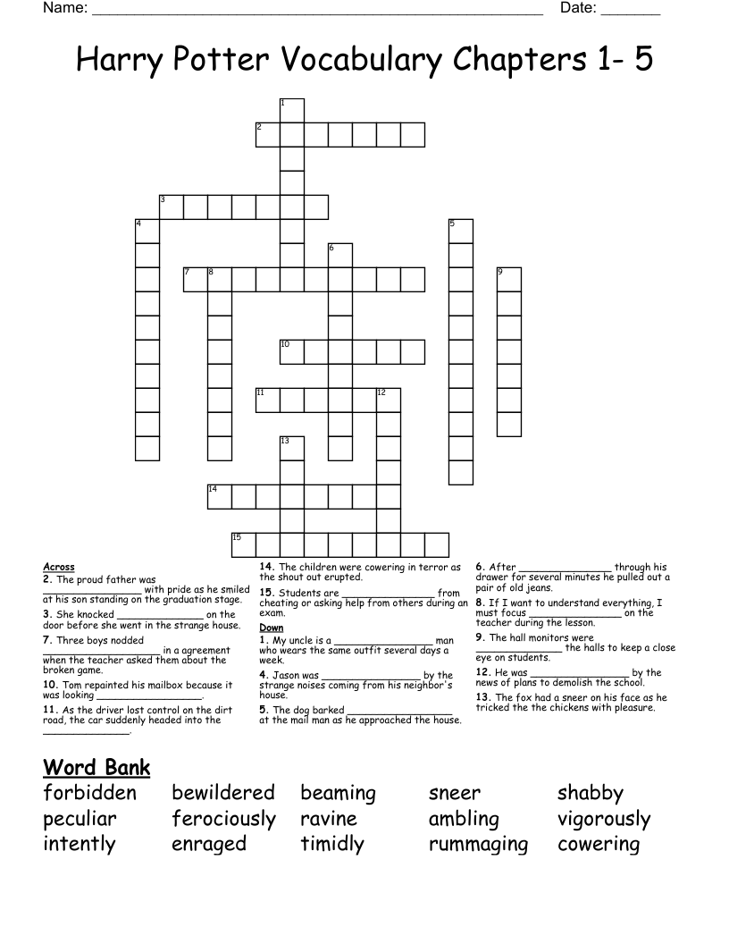 Harry Potter Vocabulary Chapters 1- 5 Crossword