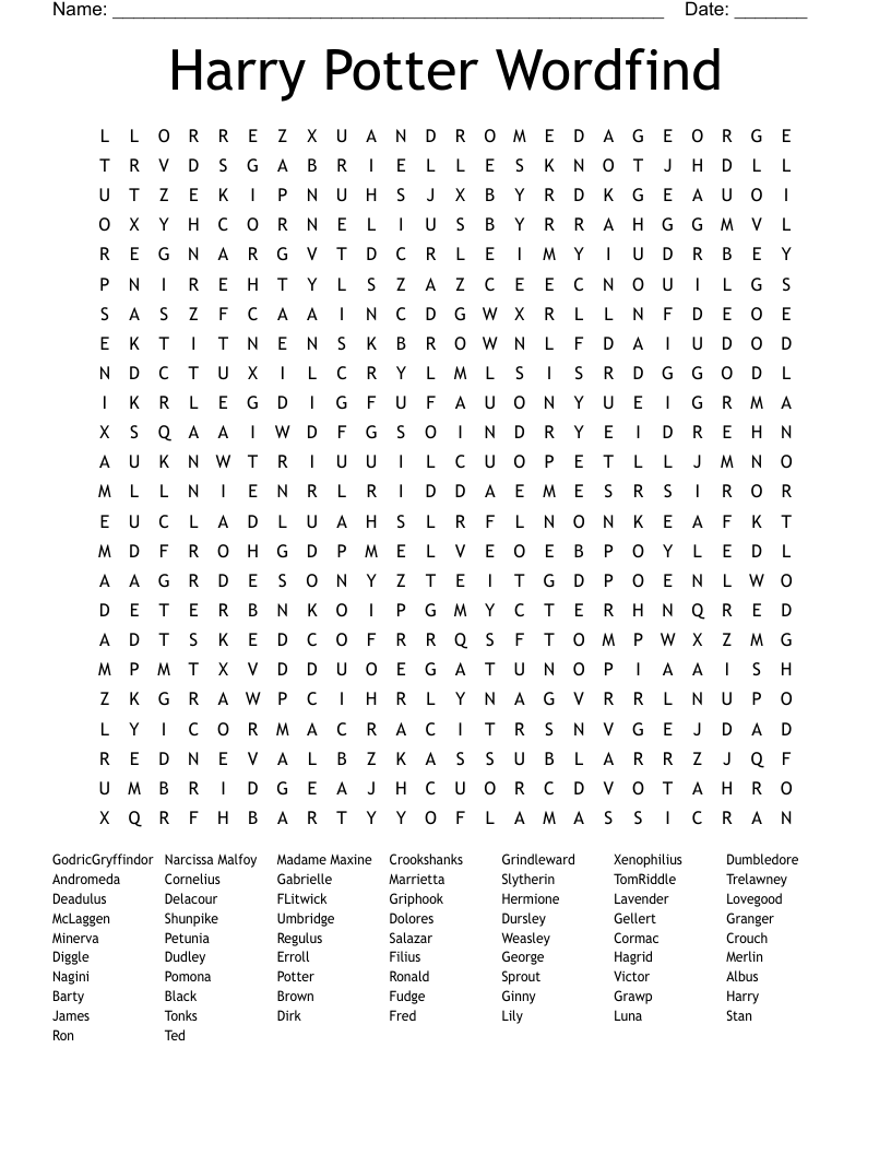 Harry Potter Wordfind Word Search