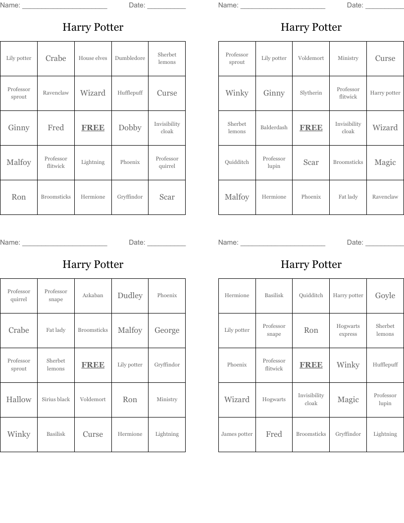 Harry Potter  Bingo Cards