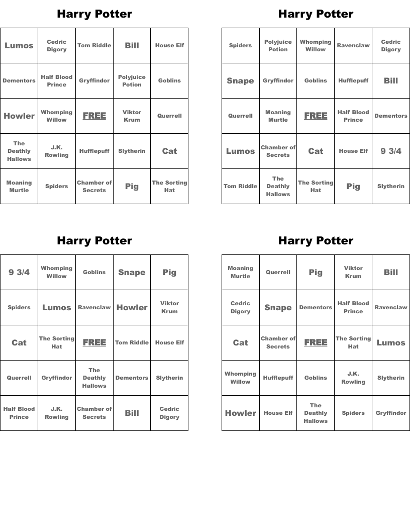 Harry Potter  Bingo Cards