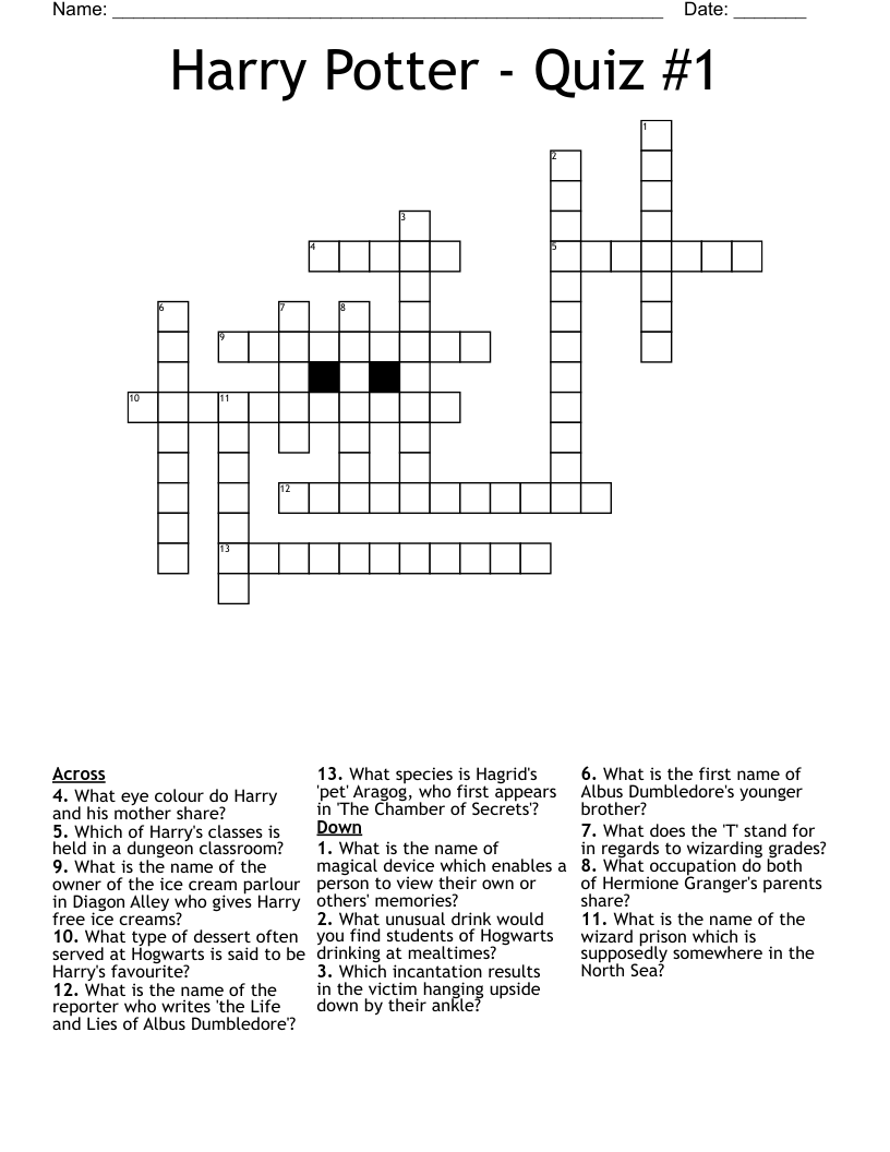 Harry Potter - Quiz #1 Crossword