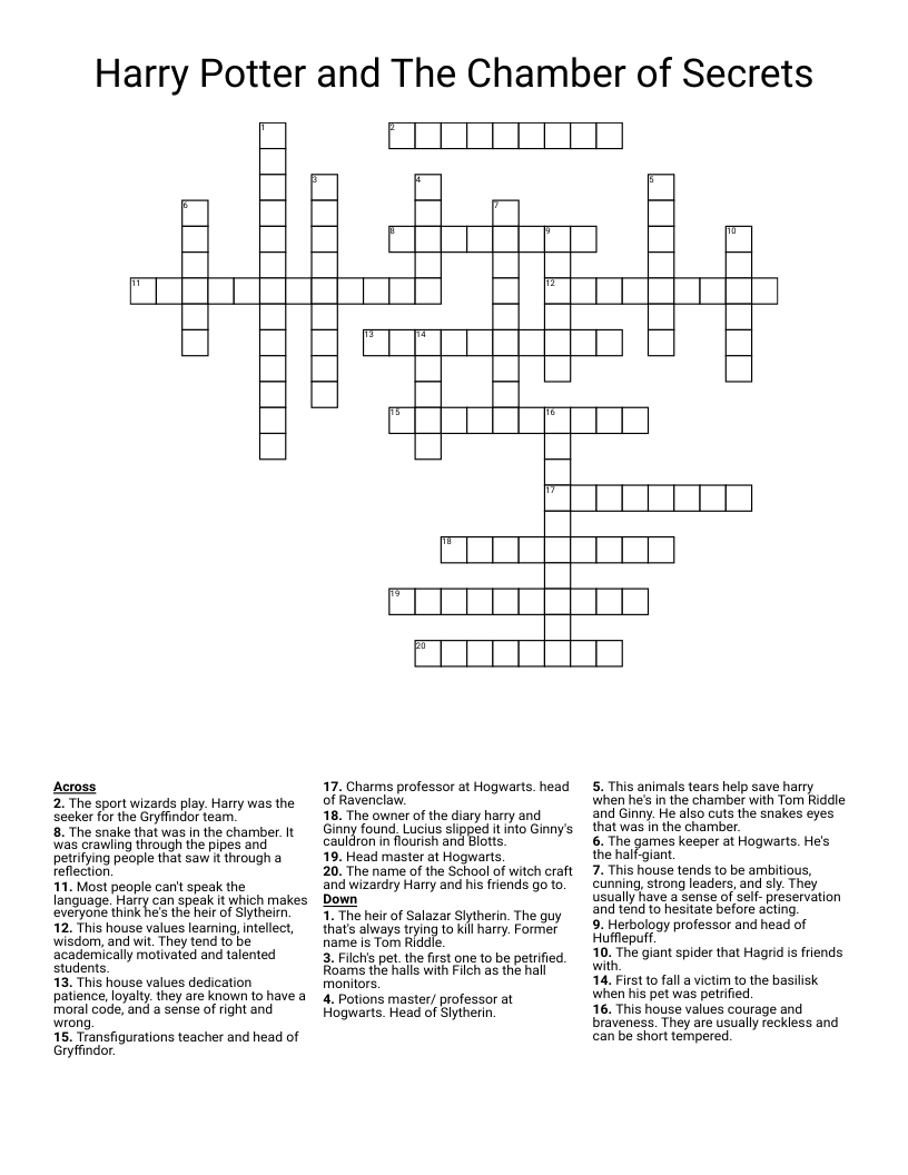 Harry Potter and The Chamber of Secrets Crossword