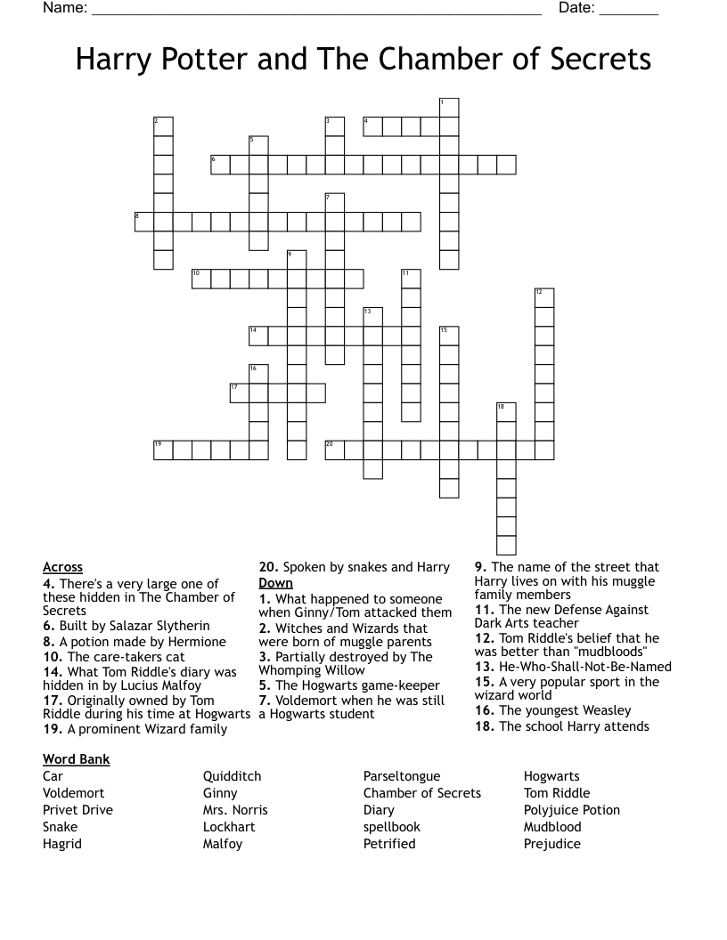 Harry Potter and The Chamber of Secrets Crossword