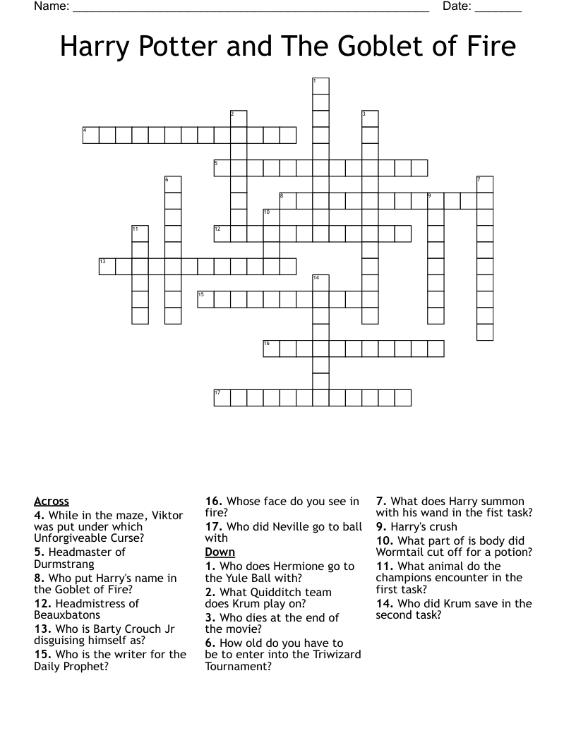 Harry Potter and The Goblet of Fire Crossword