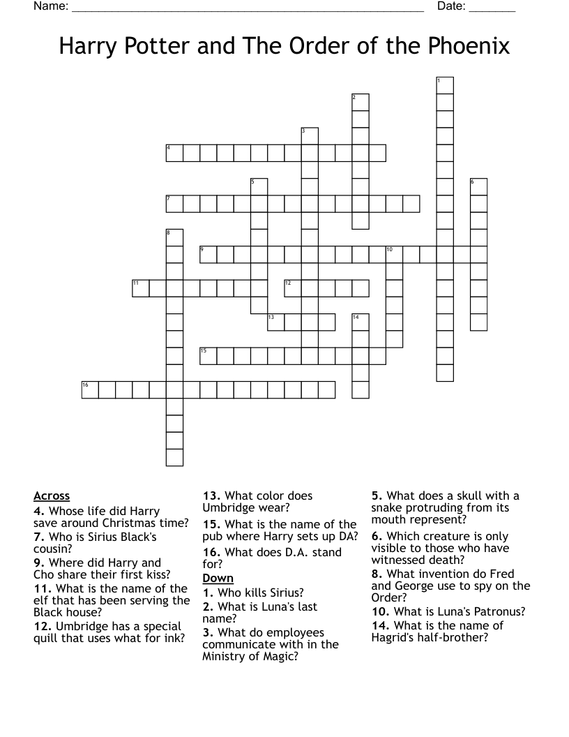 Harry Potter and The Order of the Phoenix Crossword