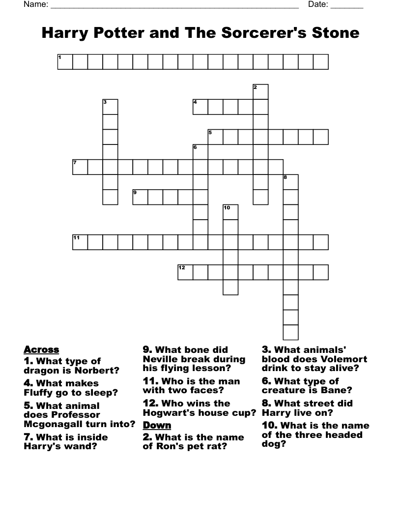 Harry Potter and The Sorcerer's Stone Crossword