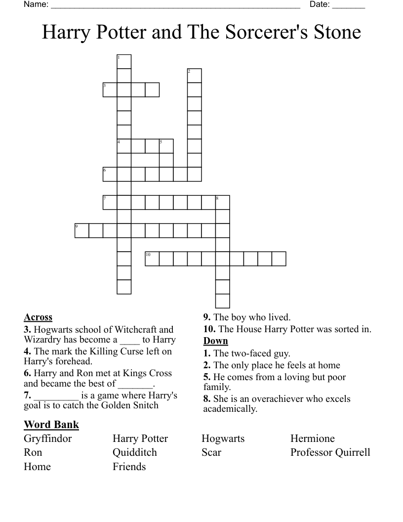 Harry Potter and The Sorcerer's Stone Crossword