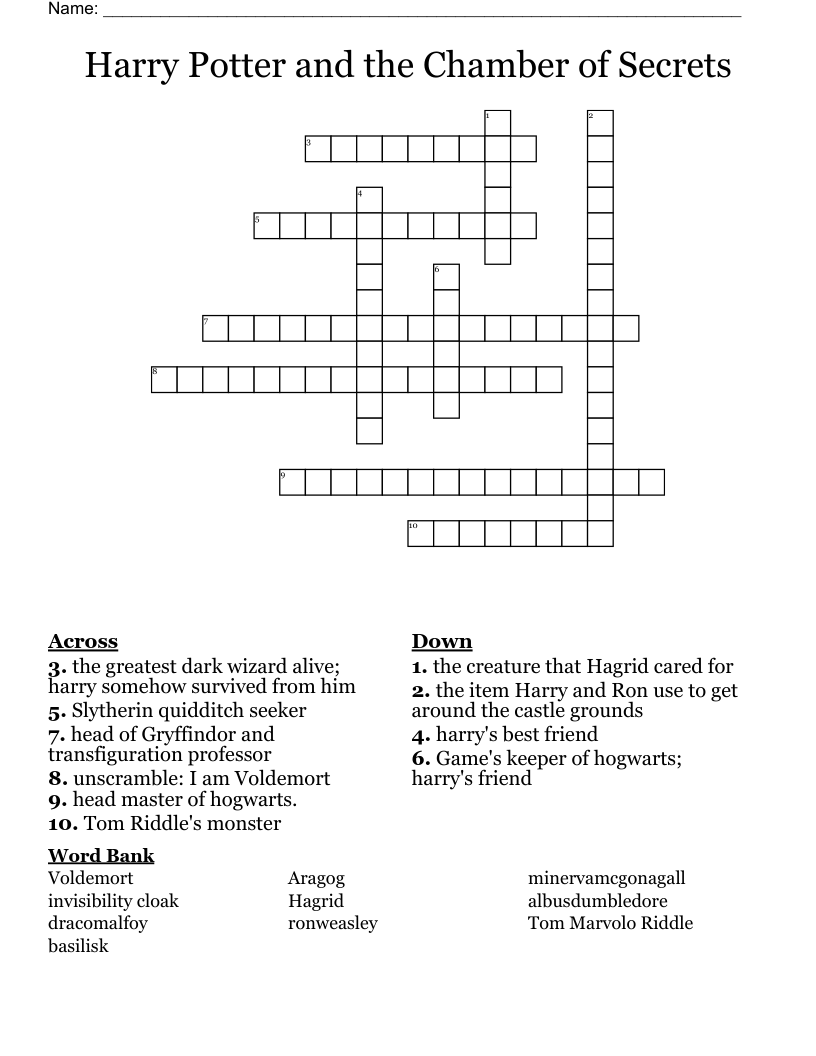 Harry Potter and the Chamber of Secrets Crossword