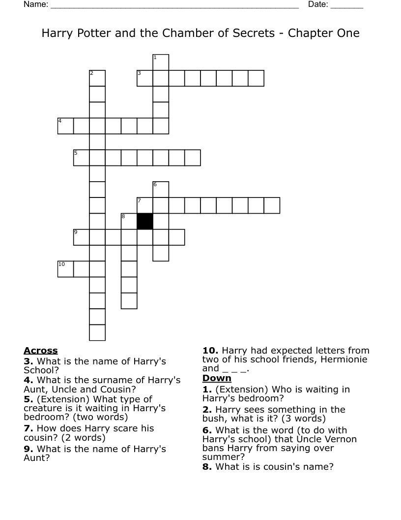 Harry Potter and the Chamber of Secrets - Chapter One Crossword