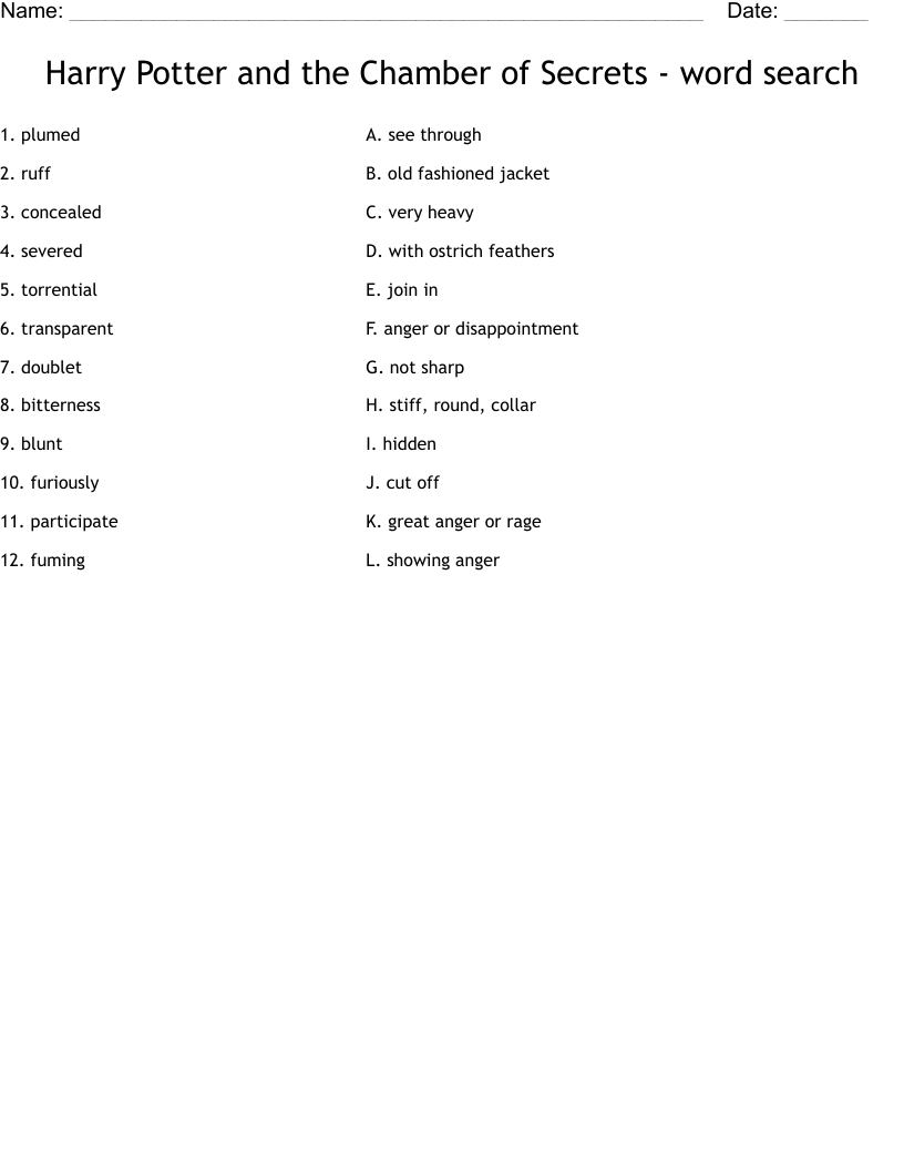 Harry Potter and the Chamber of Secrets - word search Worksheet