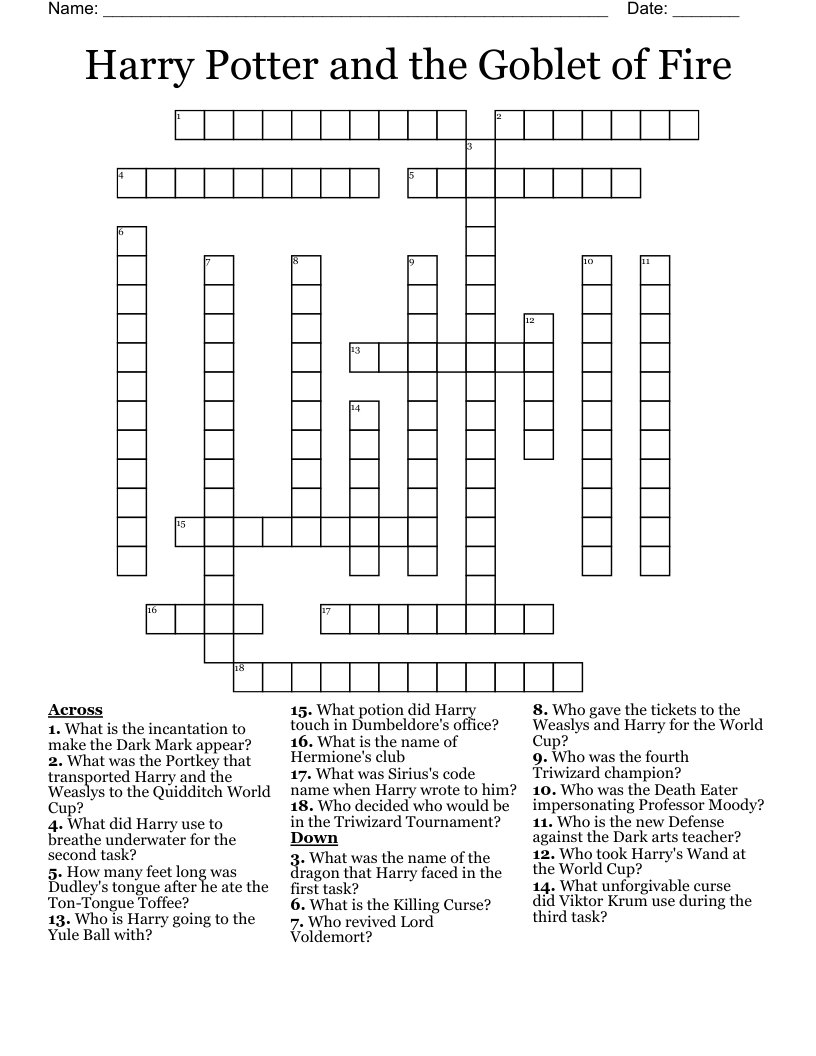 Harry Potter and the Goblet of Fire Crossword