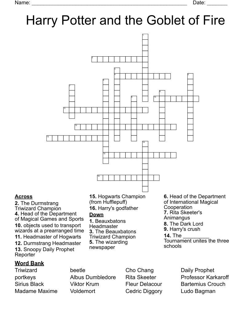 Harry Potter and the Goblet of Fire Crossword