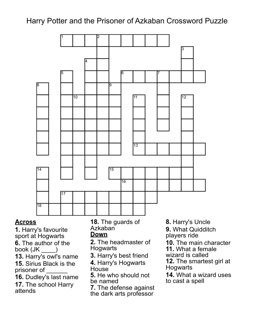 Harry Potter and the Prisoner of Azkaban Crossword Puzzle