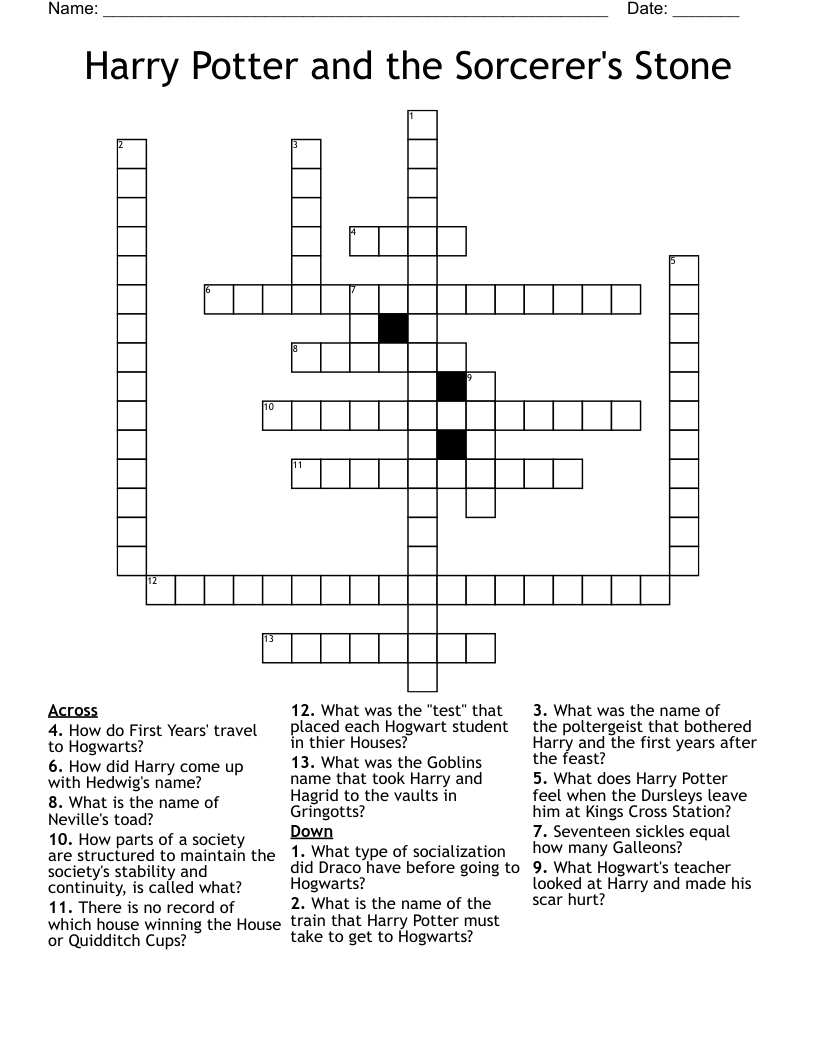 Harry Potter and the Sorcerer's Stone Crossword