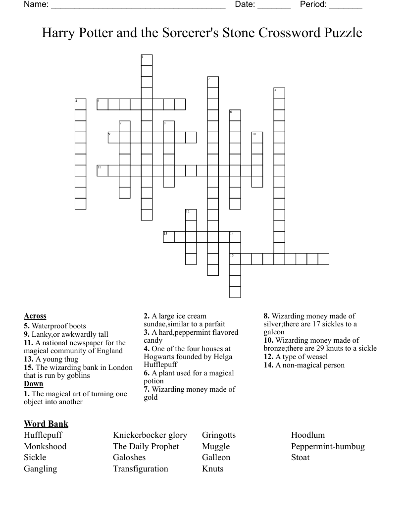 Harry Potter and the Sorcerer's Stone Crossword Puzzle