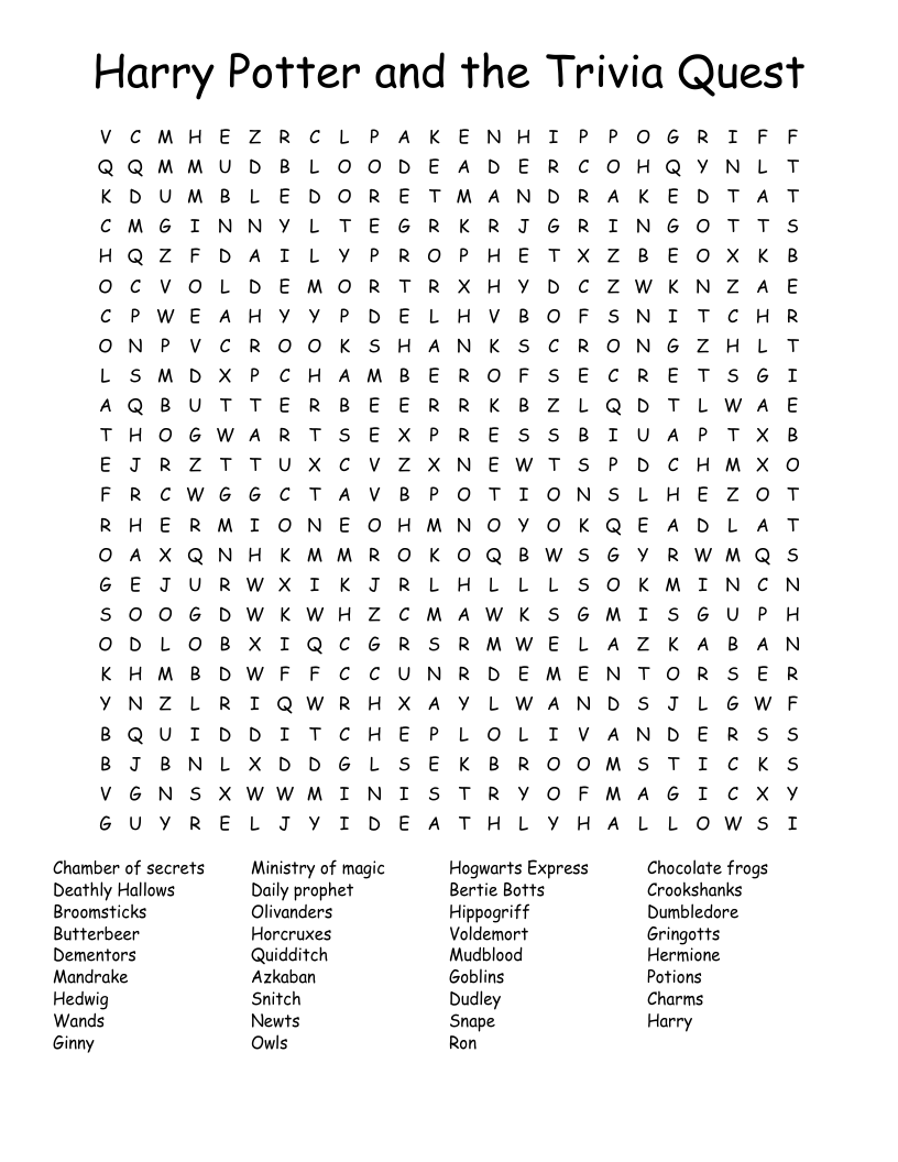 Harry Potter and the Trivia Quest Word Search