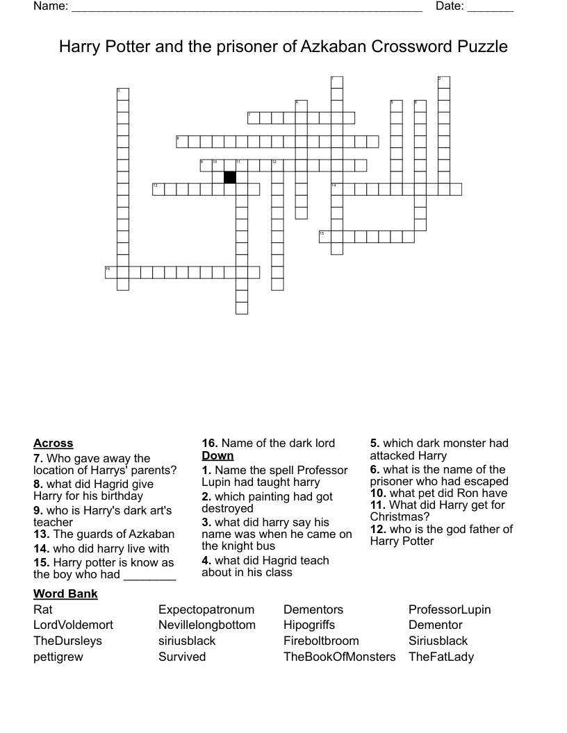 Harry Potter and the prisoner of Azkaban Crossword Puzzle