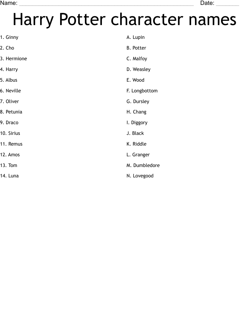 Harry Potter character names Worksheet