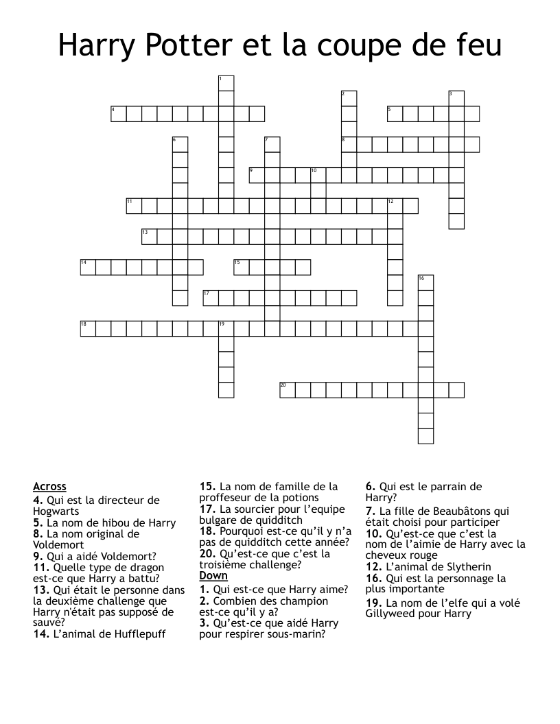 Harry Potter et la coupe de feu Crossword