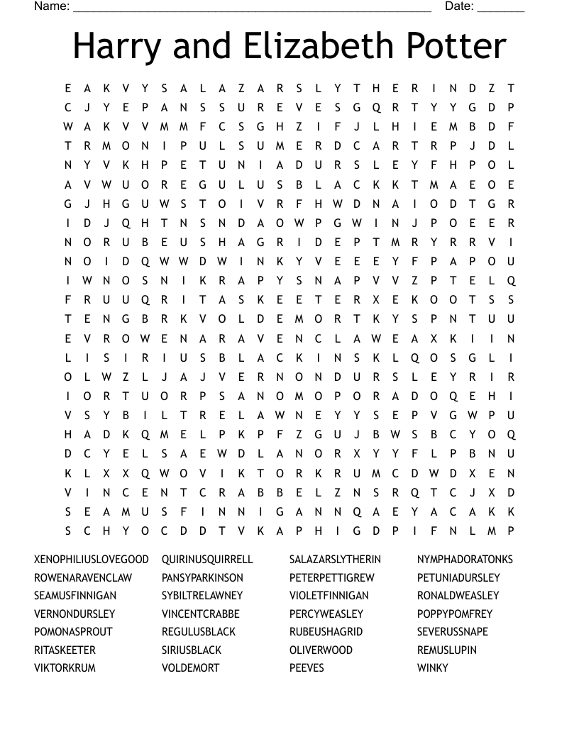 Harry and Elizabeth Potter Word Search