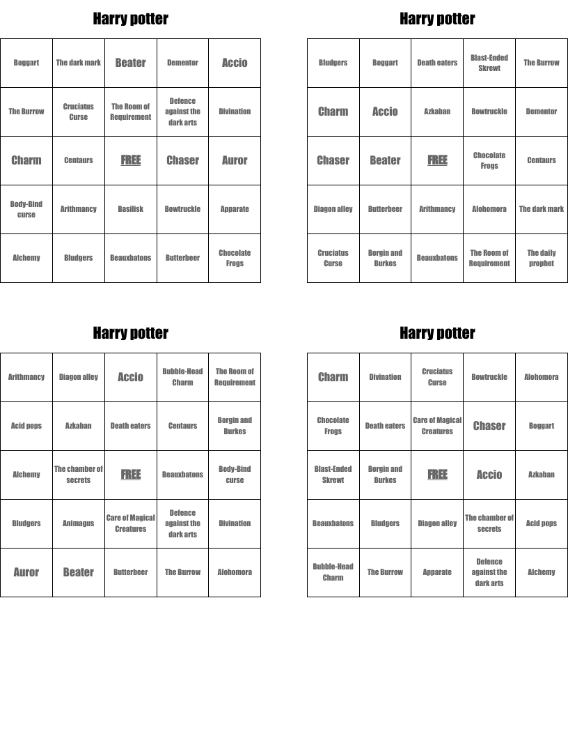 Harry potter Bingo Cards
