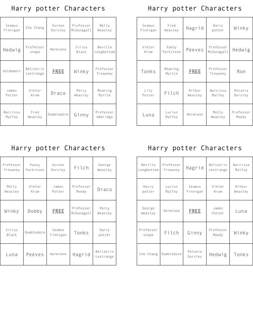 Harry potter Characters Bingo Cards
