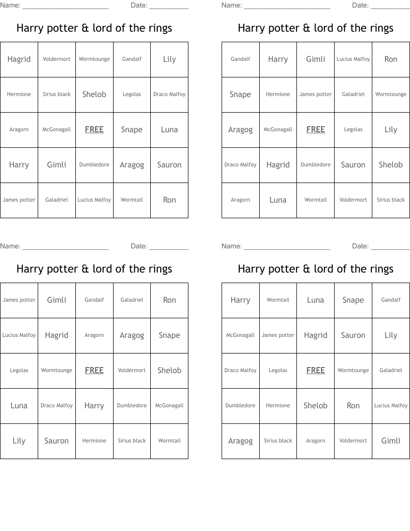 Harry potter & lord of the rings Bingo Cards