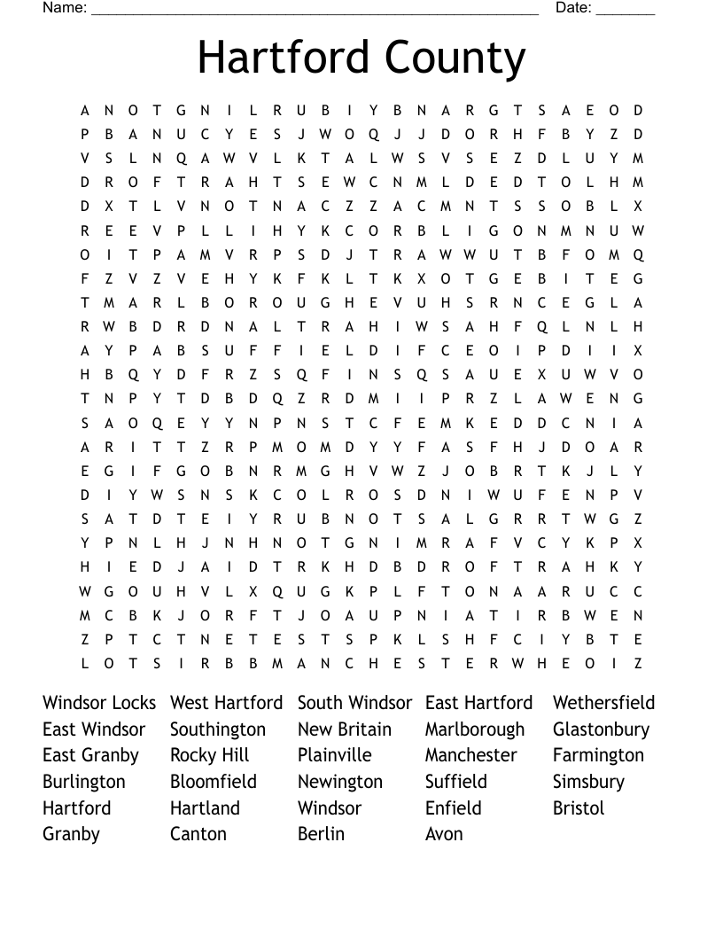 Hartford County Word Search