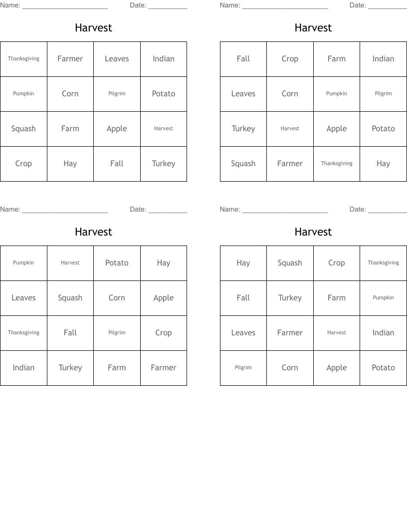 Harvest Bingo Cards