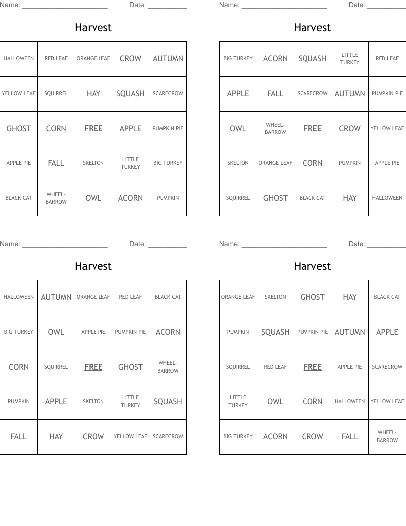 Harvest Bingo Cards