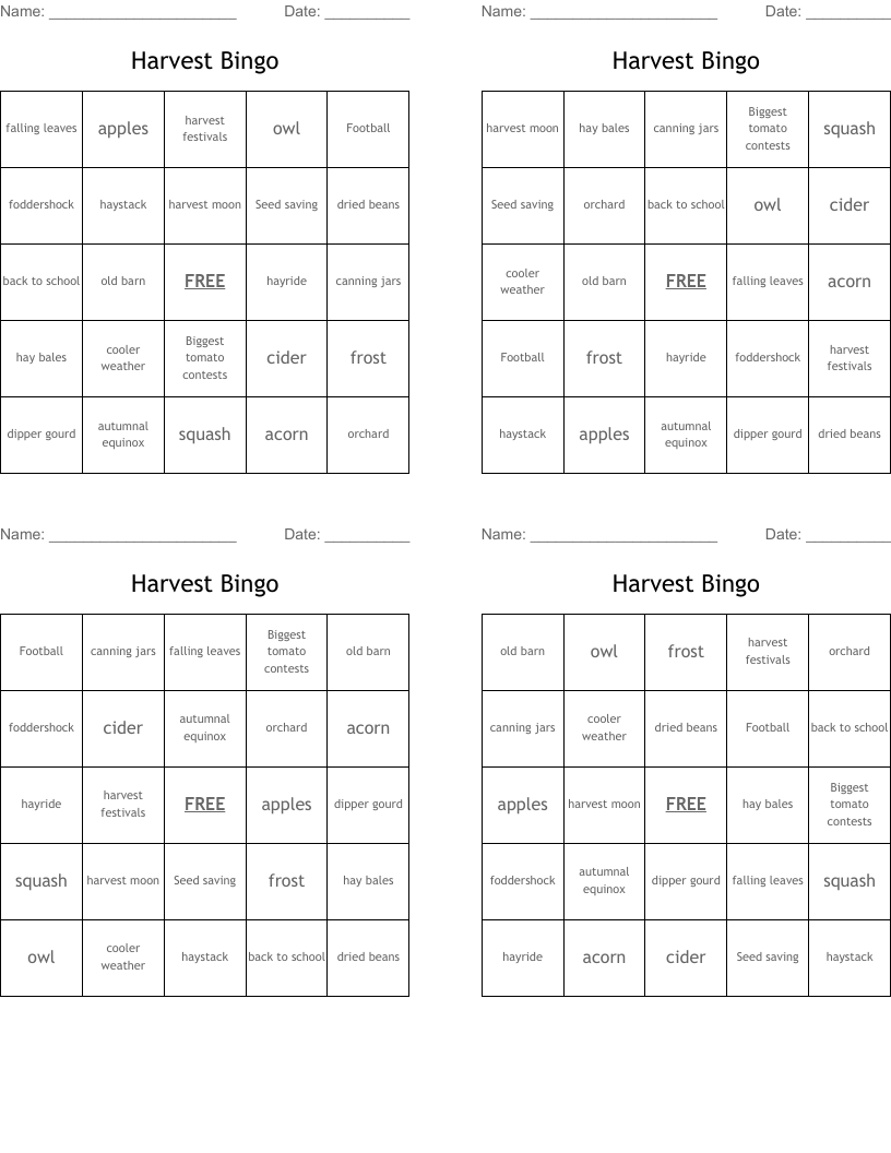 Harvest Bingo